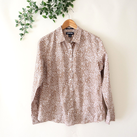 Lands' End No Iron Supima Brown & White Speckle Long Sleeve Button Front Top 12P - Picture 1 of 4